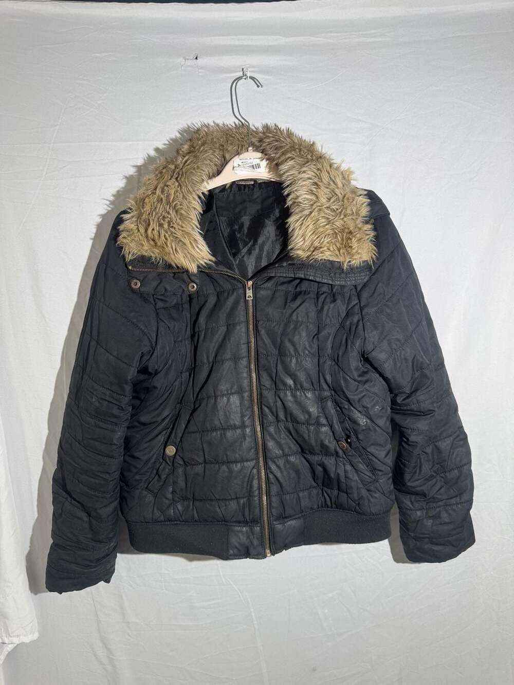 Aeropostale Faux Fur Collar Puffer Jacket XL Womens Black Quilted Full Zip Fleec